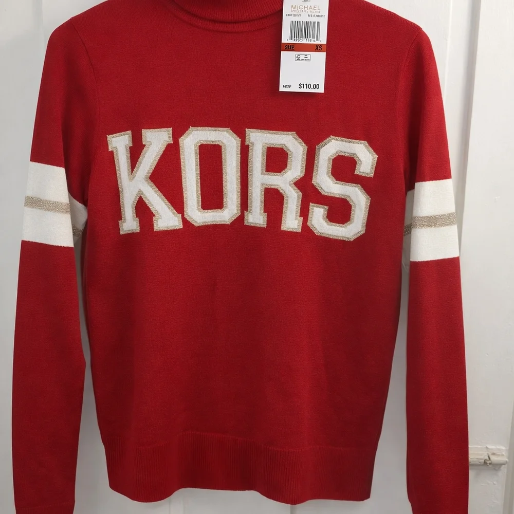 🆕️Michael Kors Red Crewneck Sweater with White and Gold Accents - Picture 3 of 6
